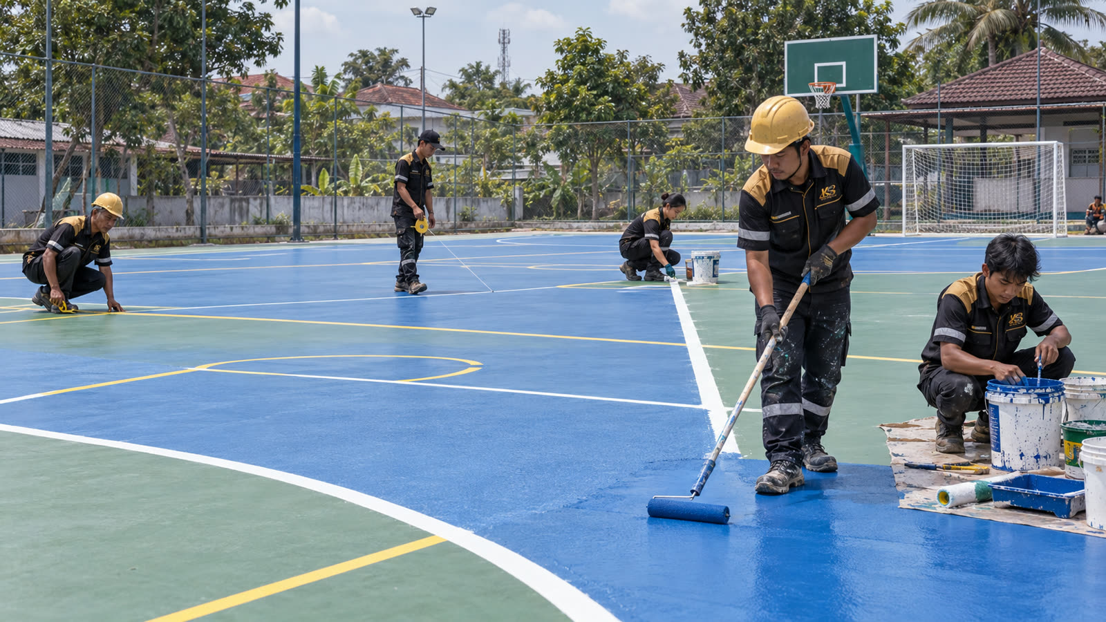 Jasa cat lapangan olahraga outdoor: tim mengecat bidang dan garis lapangan