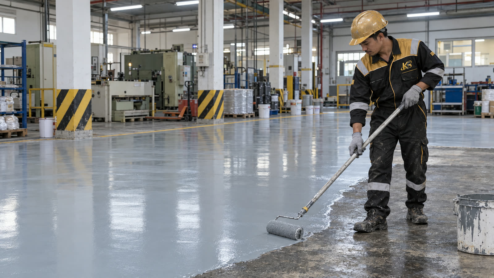 Jasa epoxy lantai pabrik: pekerja menggulung lapisan epoxy abu-abu di lantai produksi