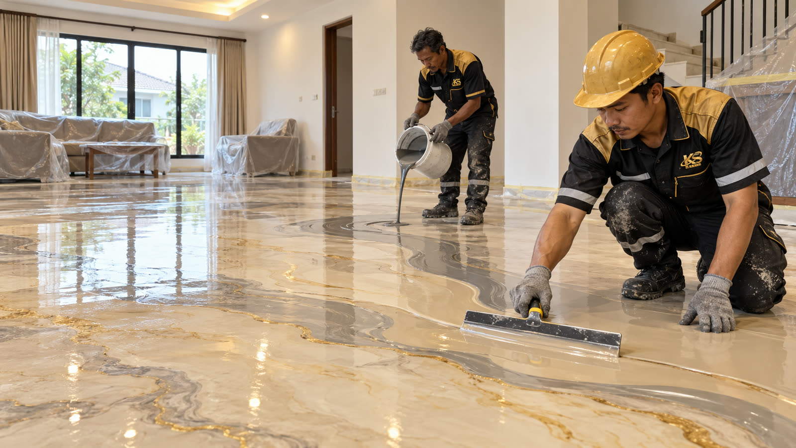 Lantai epoxy motif marmer sedang dikerjakan di ruang tamu rumah