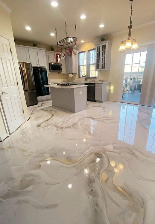Lantai epoxy motif marmer putih pada dapur hunian
