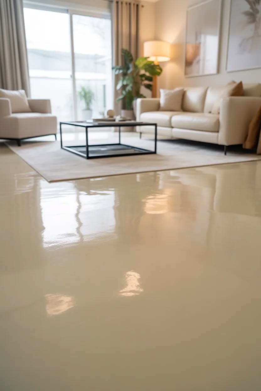 Lantai epoxy krem mengkilap pada ruang tamu hunian